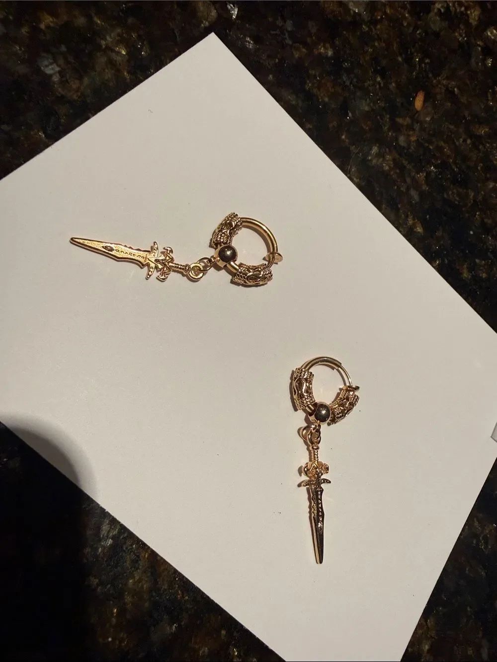Gold Dagger Drop Hoop Earrings - Women Jewelry - No Post NEW